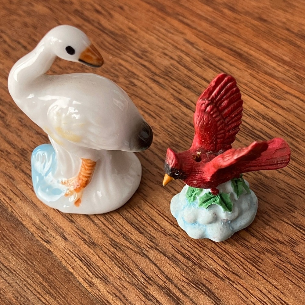 Vintage Miniature Bird Figurine Set Bone China Swan and Red Cardinal 2pc